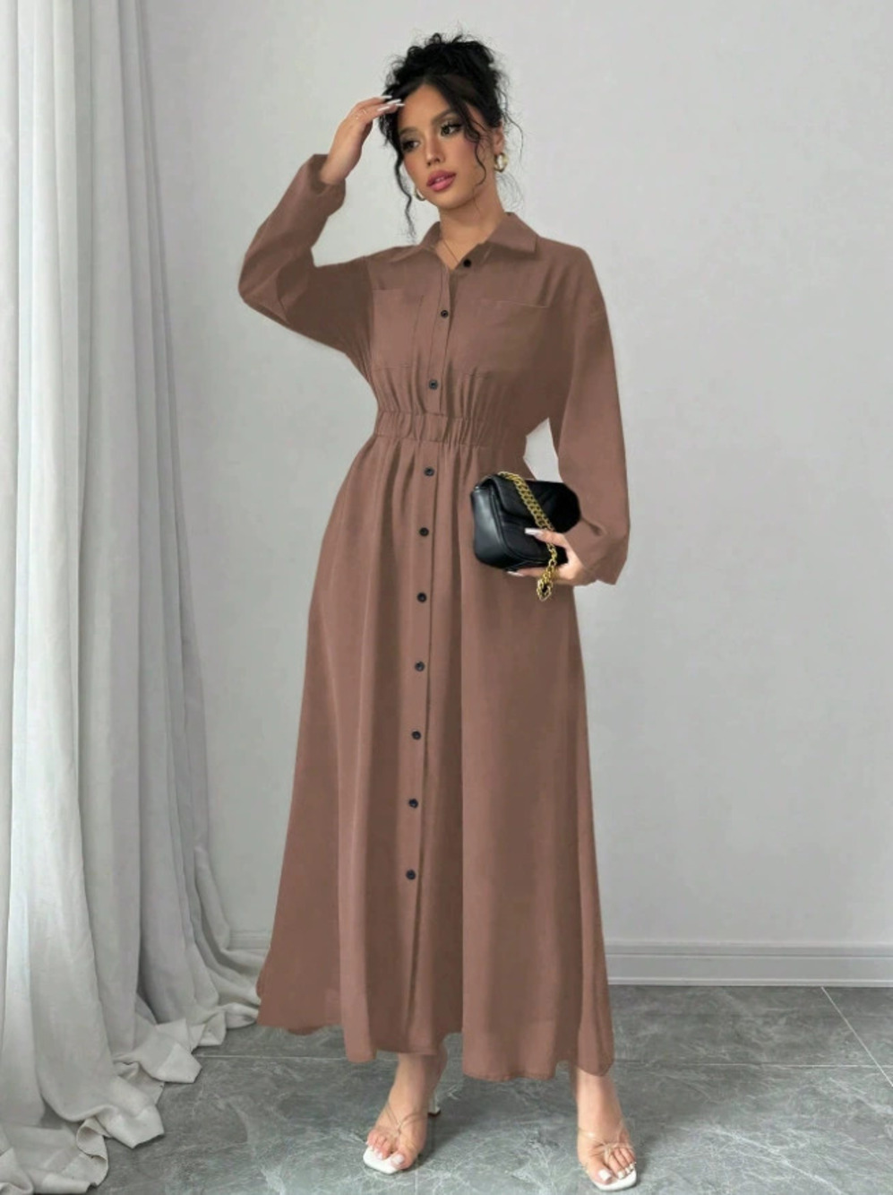 ZARA Elegant Button Elastic Waist Maxi Dress Women Chic Flowy
